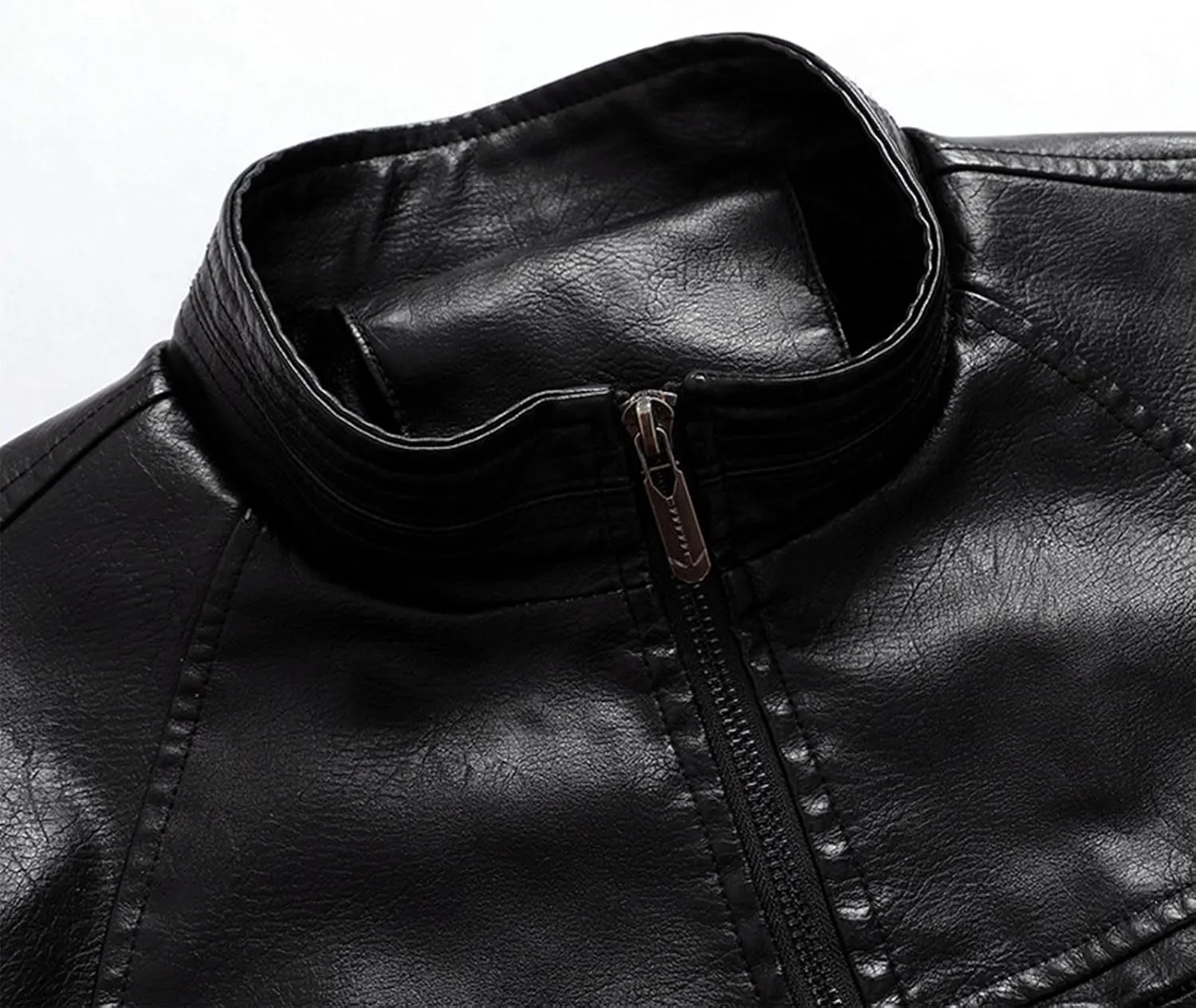 Faux Leather Jacket Men Long Sleeve Fitted PU Leather Motorcycle Zipper Coat Biker Bomber Jacket with Pockets