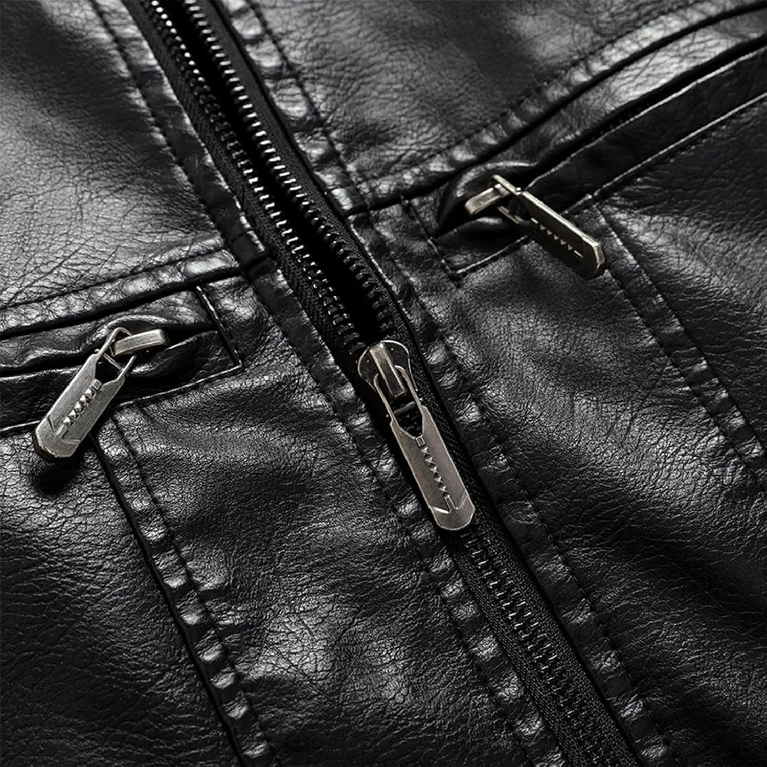 Faux Leather Jacket Men Long Sleeve Fitted PU Leather Motorcycle Zipper Coat Biker Bomber Jacket with Pockets