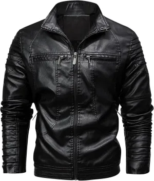 Faux Leather Jacket Men Long Sleeve Fitted PU Leather Motorcycle Zipper Coat Biker Bomber Jacket with Pockets