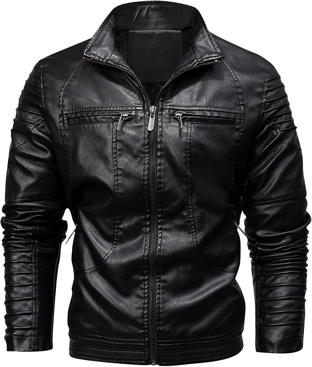 Faux Leather Jacket Men Long Sleeve Fitted PU Leather Motorcycle Zipper Coat Biker Bomber Jacket with Pockets