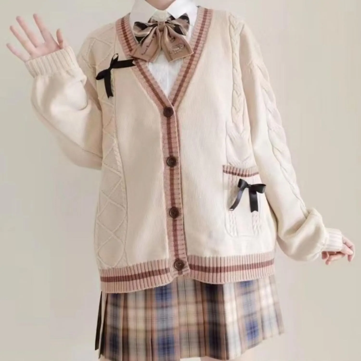 FindThy Womens Kawaii JK School Uniform Cardigans Long Sleeve Button Up Cardigan with Pinned Bowknot