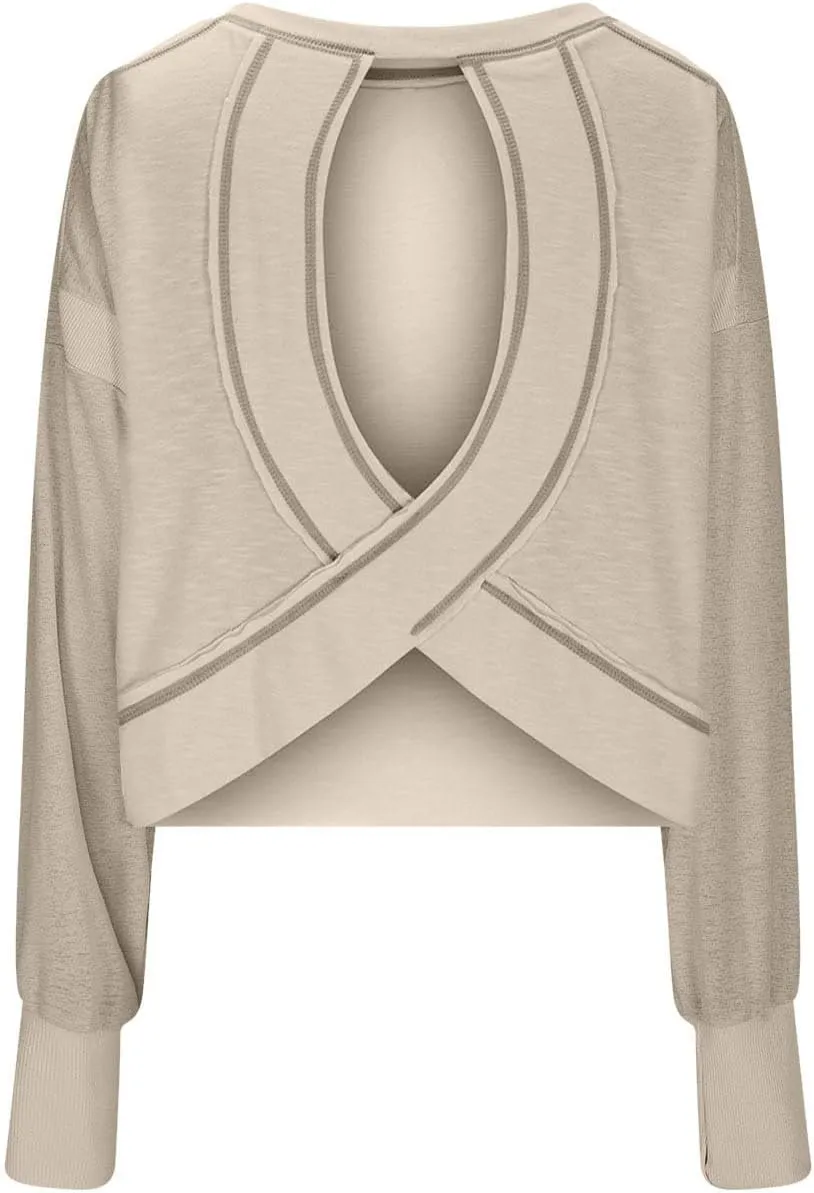 Firzero Shirts for Women Long Sleeve Open Back Workout Tees Fall Crewneck Pullover Tops 2024 Trendy Back Hollow Out Tunics