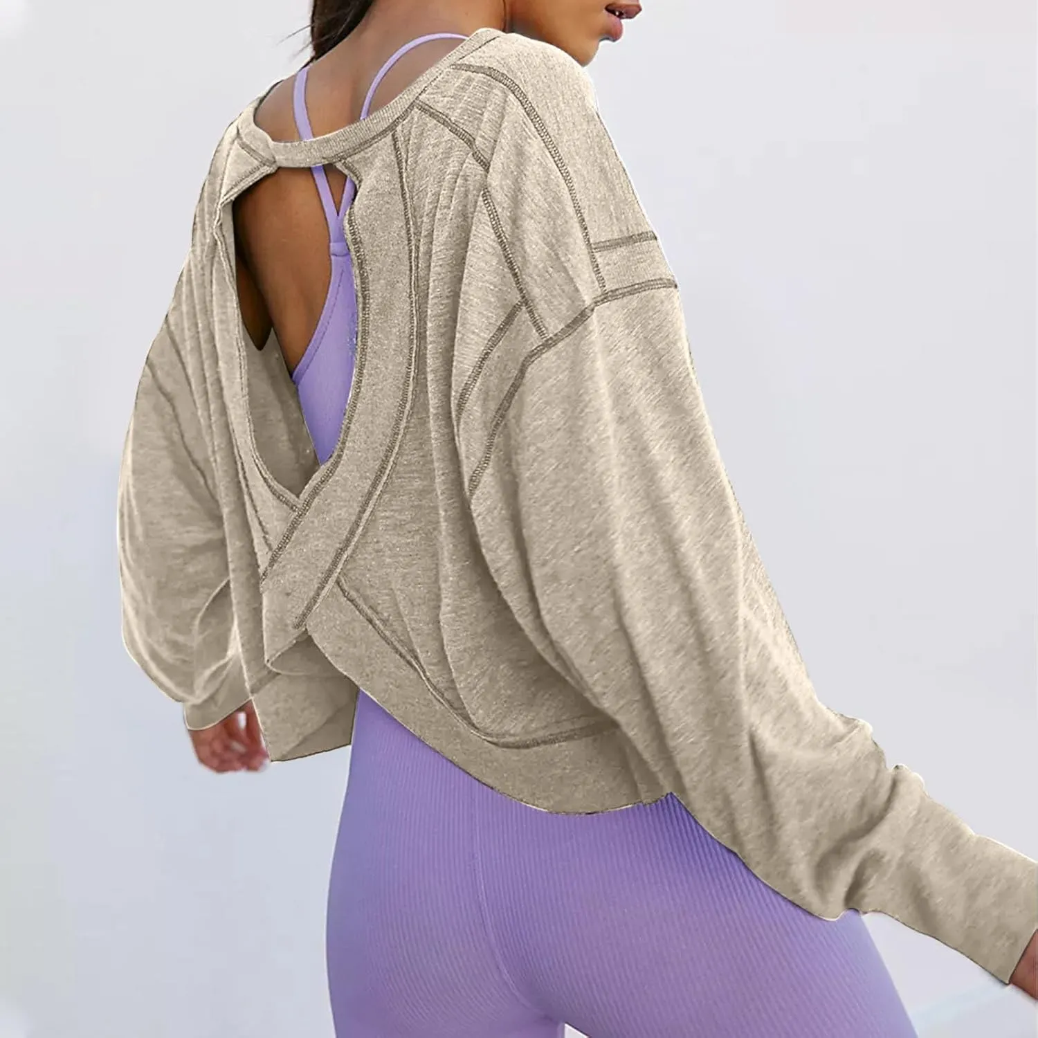 Firzero Shirts for Women Long Sleeve Open Back Workout Tees Fall Crewneck Pullover Tops 2024 Trendy Back Hollow Out Tunics