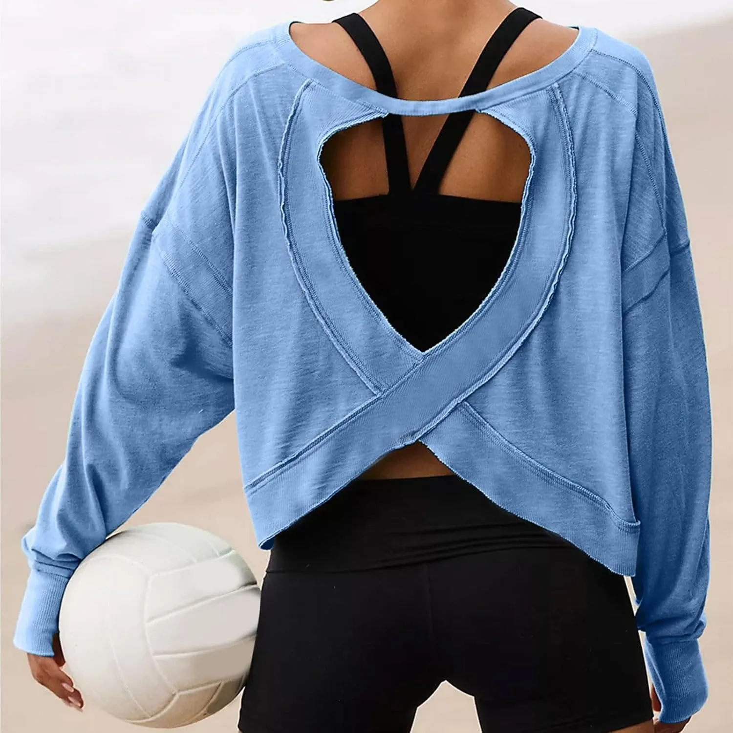 Firzero Shirts for Women Long Sleeve Open Back Workout Tees Fall Crewneck Pullover Tops 2024 Trendy Back Hollow Out Tunics