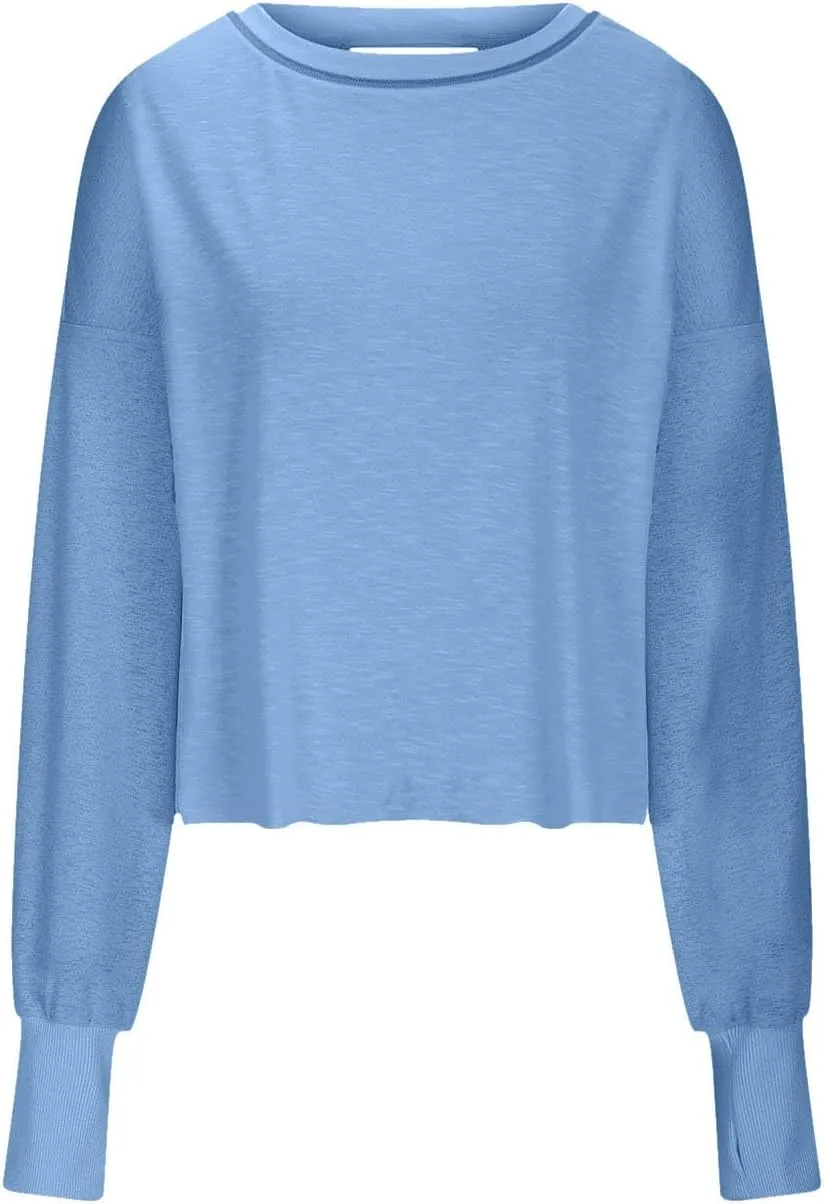 Firzero Shirts for Women Long Sleeve Open Back Workout Tees Fall Crewneck Pullover Tops 2024 Trendy Back Hollow Out Tunics
