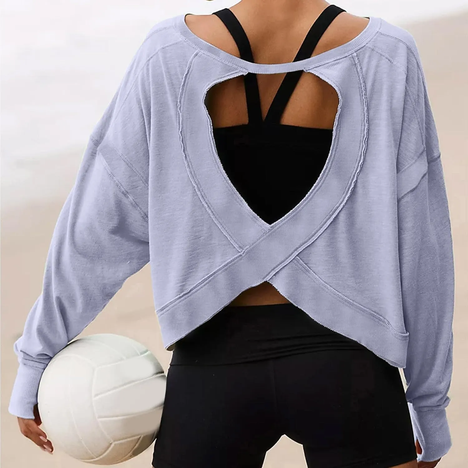Firzero Shirts for Women Long Sleeve Open Back Workout Tees Fall Crewneck Pullover Tops 2024 Trendy Back Hollow Out Tunics
