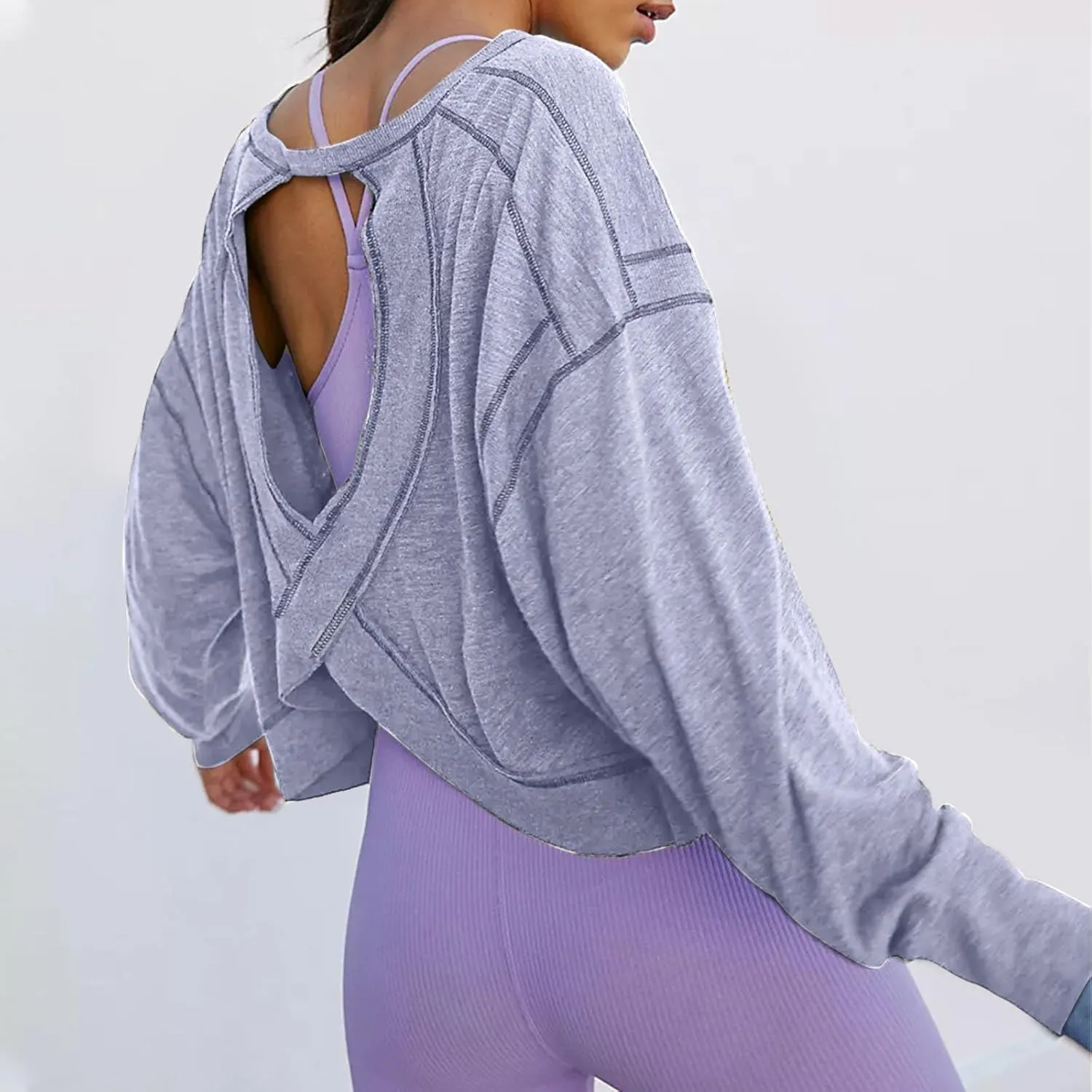 Firzero Shirts for Women Long Sleeve Open Back Workout Tees Fall Crewneck Pullover Tops 2024 Trendy Back Hollow Out Tunics