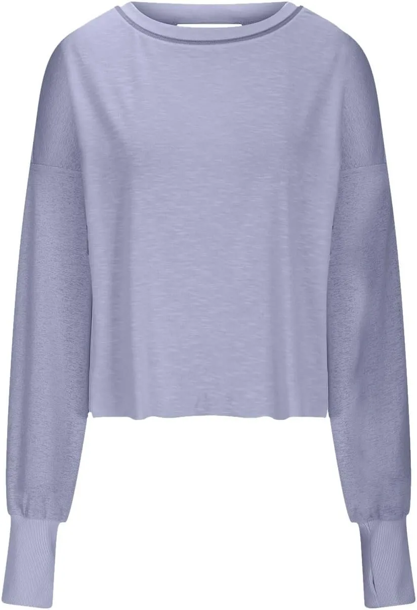 Firzero Shirts for Women Long Sleeve Open Back Workout Tees Fall Crewneck Pullover Tops 2024 Trendy Back Hollow Out Tunics