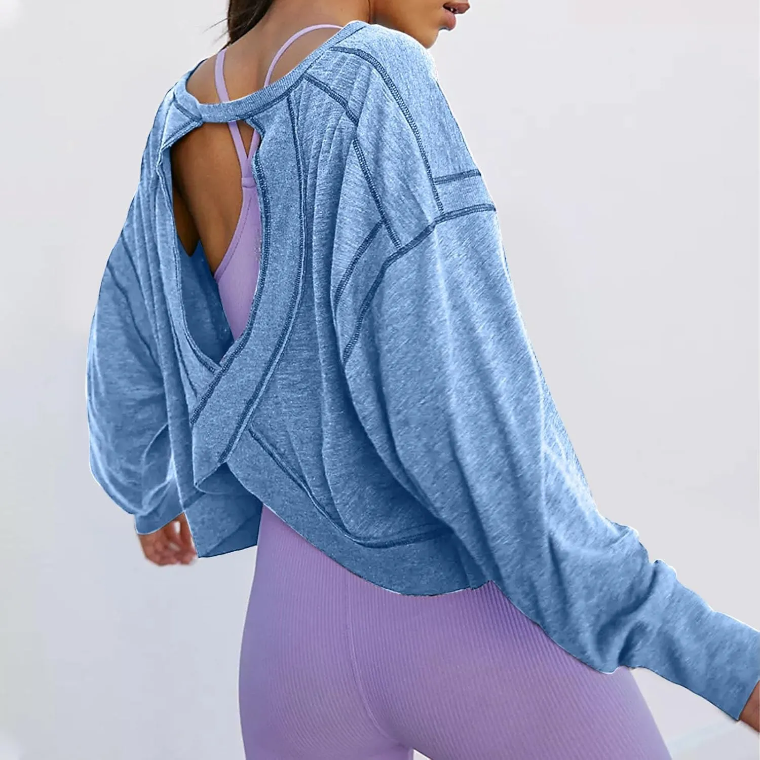 Firzero Shirts for Women Long Sleeve Open Back Workout Tees Fall Crewneck Pullover Tops 2024 Trendy Back Hollow Out Tunics