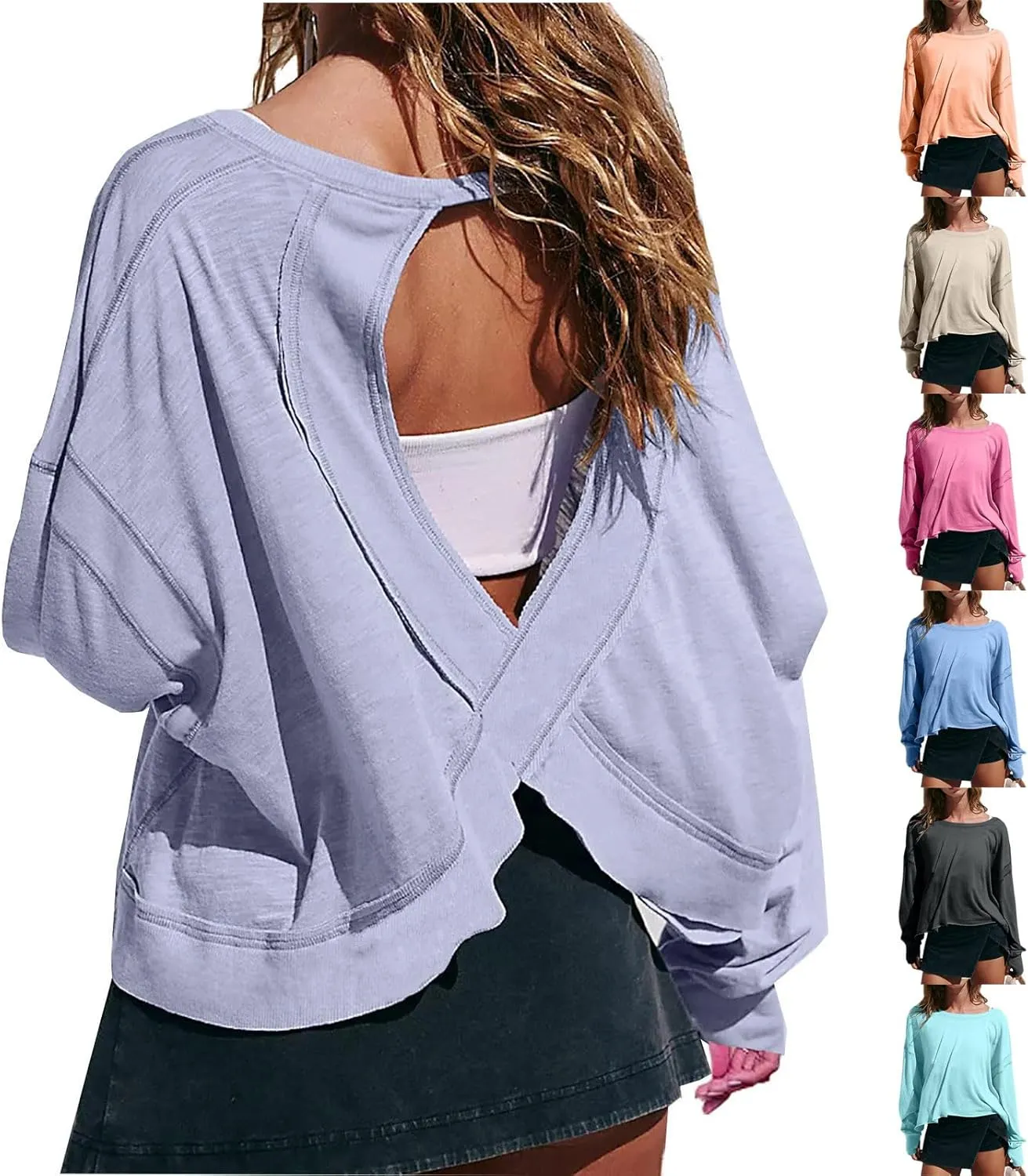 Firzero Shirts for Women Long Sleeve Open Back Workout Tees Fall Crewneck Pullover Tops 2024 Trendy Back Hollow Out Tunics