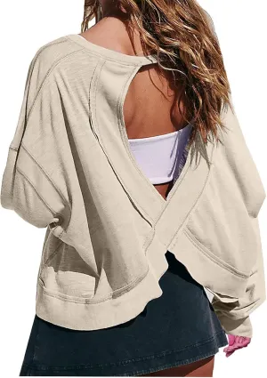 Firzero Shirts for Women Long Sleeve Open Back Workout Tees Fall Crewneck Pullover Tops 2024 Trendy Back Hollow Out Tunics