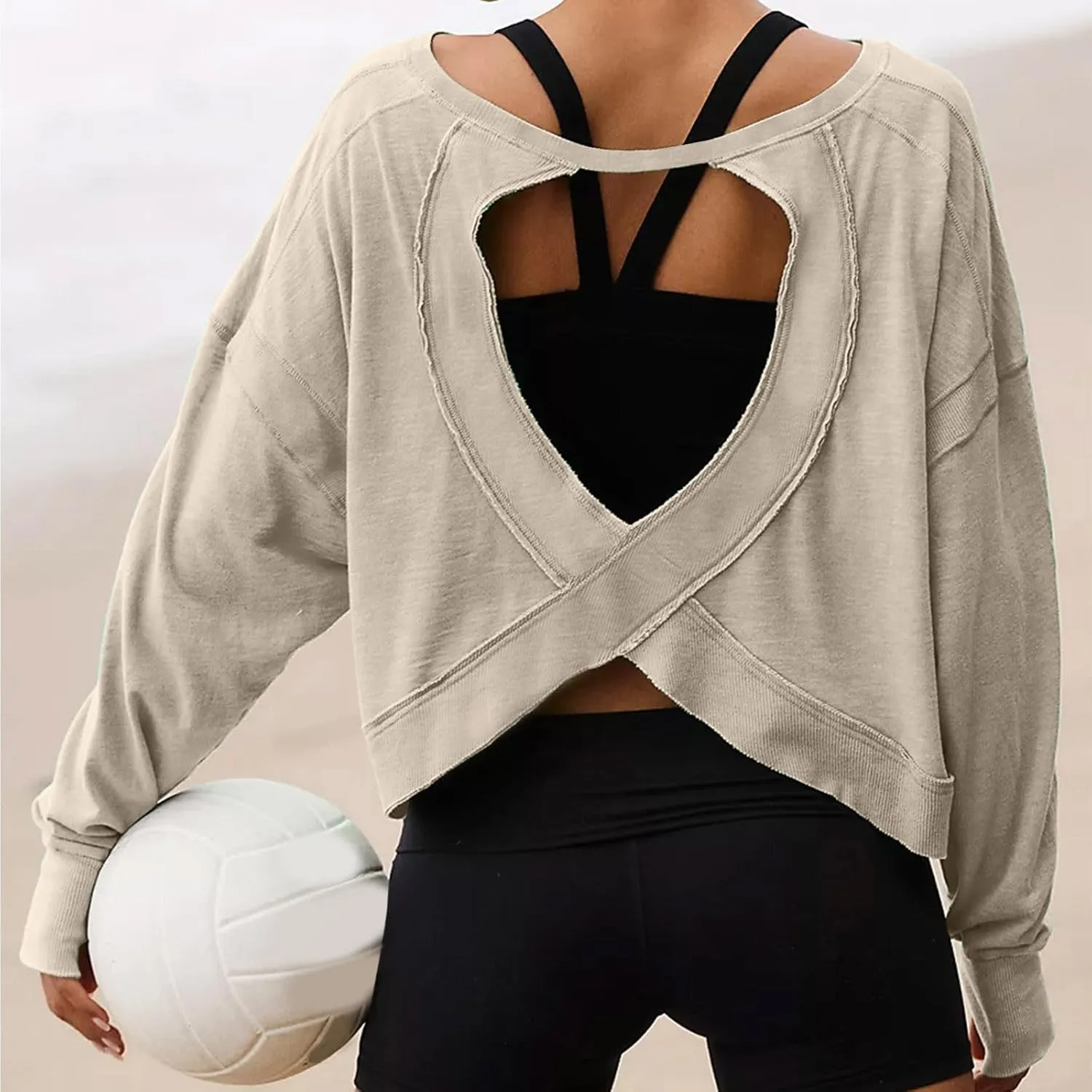 Firzero Shirts for Women Long Sleeve Open Back Workout Tees Fall Crewneck Pullover Tops 2024 Trendy Back Hollow Out Tunics