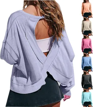Firzero Shirts for Women Long Sleeve Open Back Workout Tees Fall Crewneck Pullover Tops 2024 Trendy Back Hollow Out Tunics