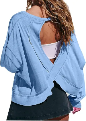 Firzero Shirts for Women Long Sleeve Open Back Workout Tees Fall Crewneck Pullover Tops 2024 Trendy Back Hollow Out Tunics