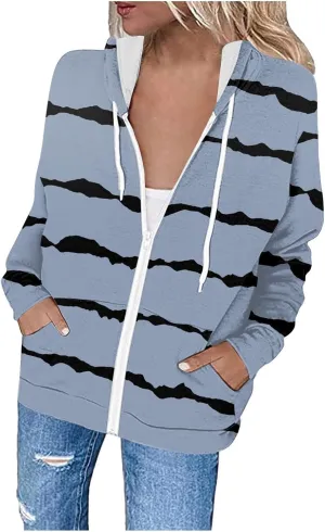 Flannel Jacket Women Oversized Striped Zipper Tops Long Sleeve Full Zip Cardigan Hooded Winter Coat with Pockets