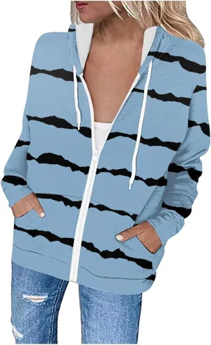 Flannel Jacket Women Oversized Striped Zipper Tops Long Sleeve Full Zip Cardigan Hooded Winter Coat with Pockets