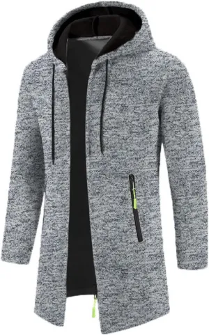 Fleece Hoodies for Men Knit Cardigan Long Jacket Long Sleeve Drawstring Overcoat Fashion Warm Coat with Zipper Pockets