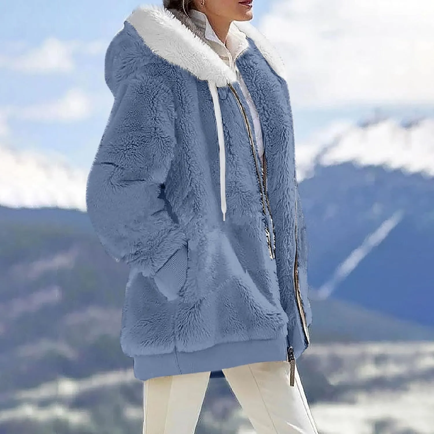 Fleece Jacket Women Plus Size Fuzzy Zip Up Sherpa Jacket Oversized Hooded Winter Coat Outerwear with Pockets