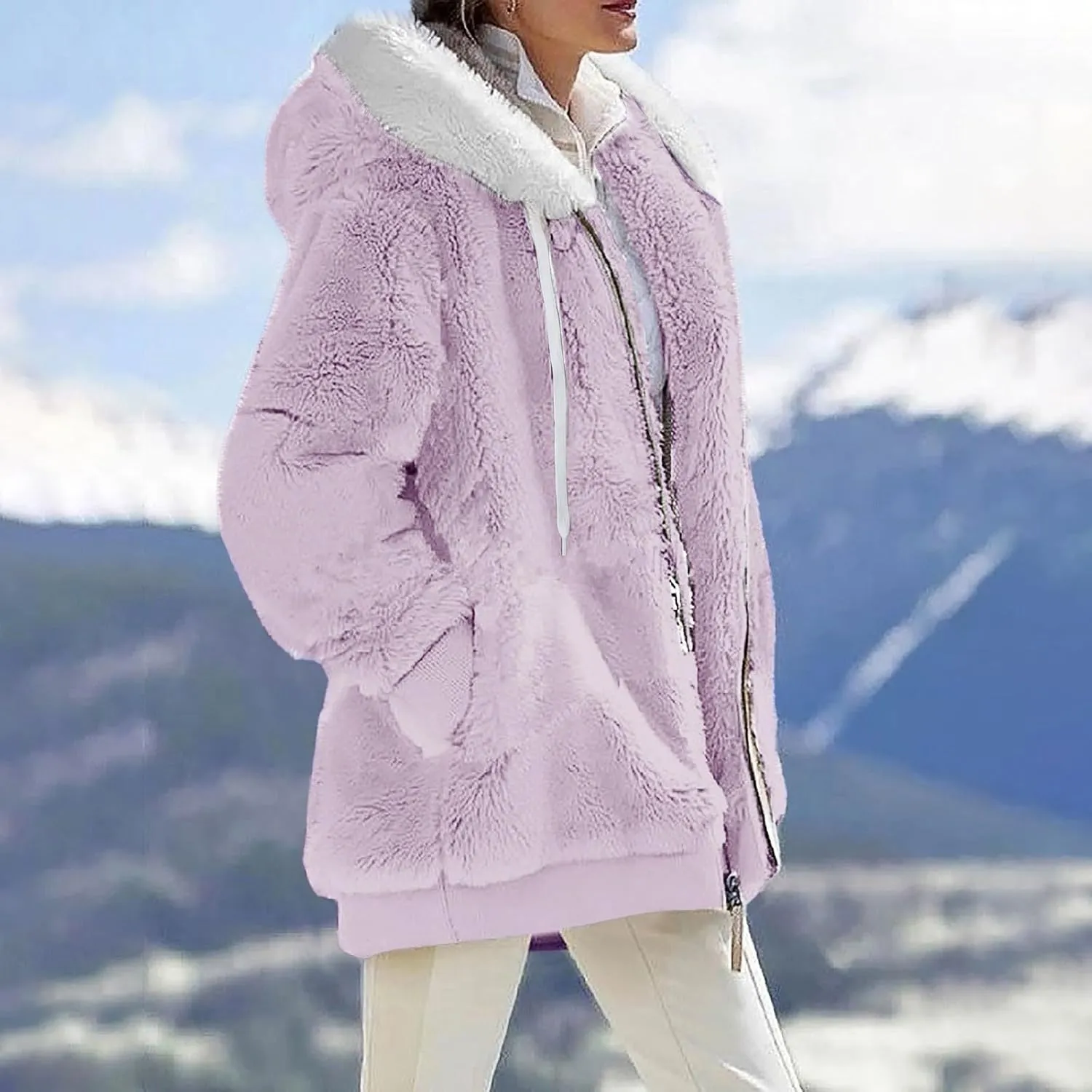 Fleece Jacket Women Plus Size Fuzzy Zip Up Sherpa Jacket Oversized Hooded Winter Coat Outerwear with Pockets