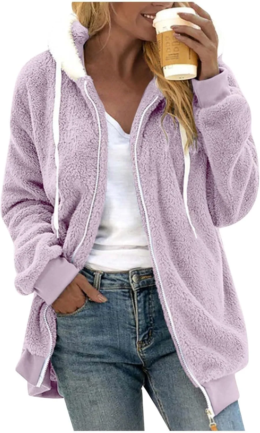 Fleece Jacket Women Plus Size Fuzzy Zip Up Sherpa Jacket Oversized Hooded Winter Coat Outerwear with Pockets