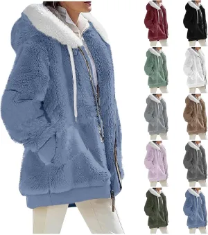 Fleece Jacket Women Plus Size Fuzzy Zip Up Sherpa Jacket Oversized Hooded Winter Coat Outerwear with Pockets