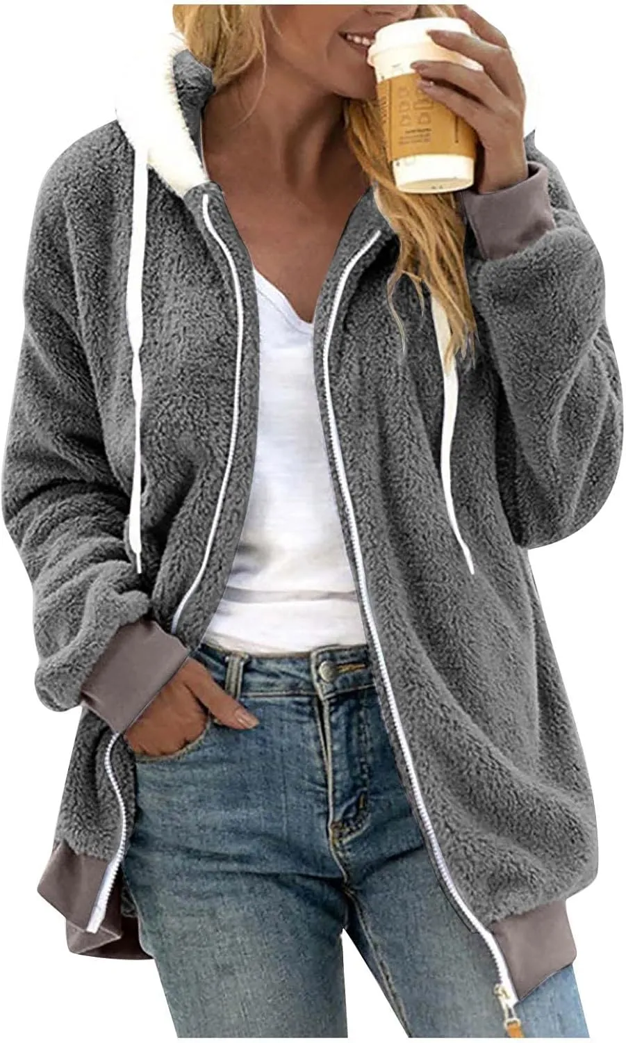 Fleece Jacket Women Plus Size Fuzzy Zip Up Sherpa Jacket Oversized Hooded Winter Coat Outerwear with Pockets