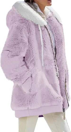 Fleece Jacket Women Plus Size Fuzzy Zip Up Sherpa Jacket Oversized Hooded Winter Coat Outerwear with Pockets