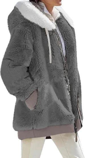 Fleece Jacket Women Plus Size Fuzzy Zip Up Sherpa Jacket Oversized Hooded Winter Coat Outerwear with Pockets