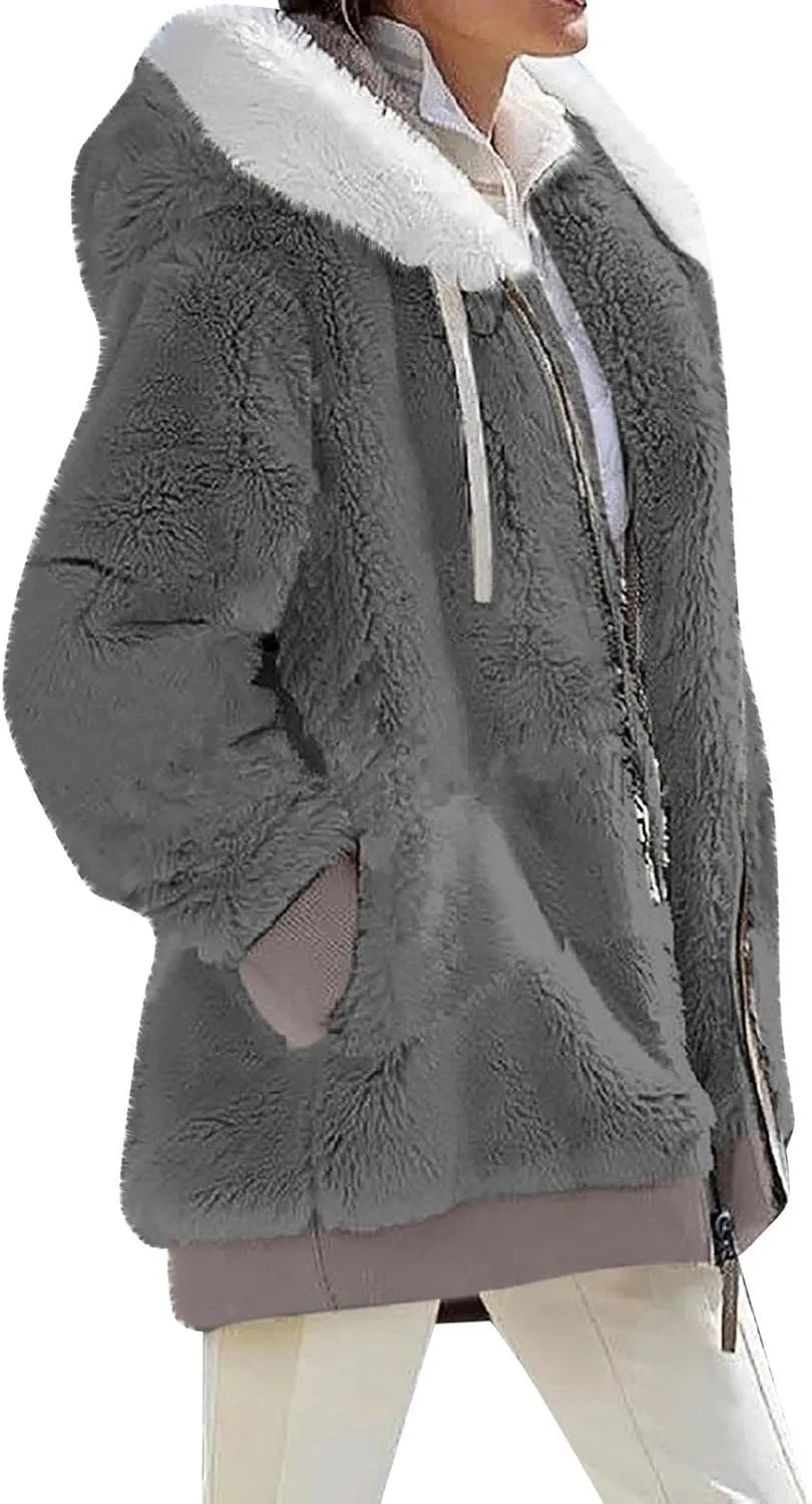 Fleece Jacket Women Plus Size Fuzzy Zip Up Sherpa Jacket Oversized Hooded Winter Coat Outerwear with Pockets
