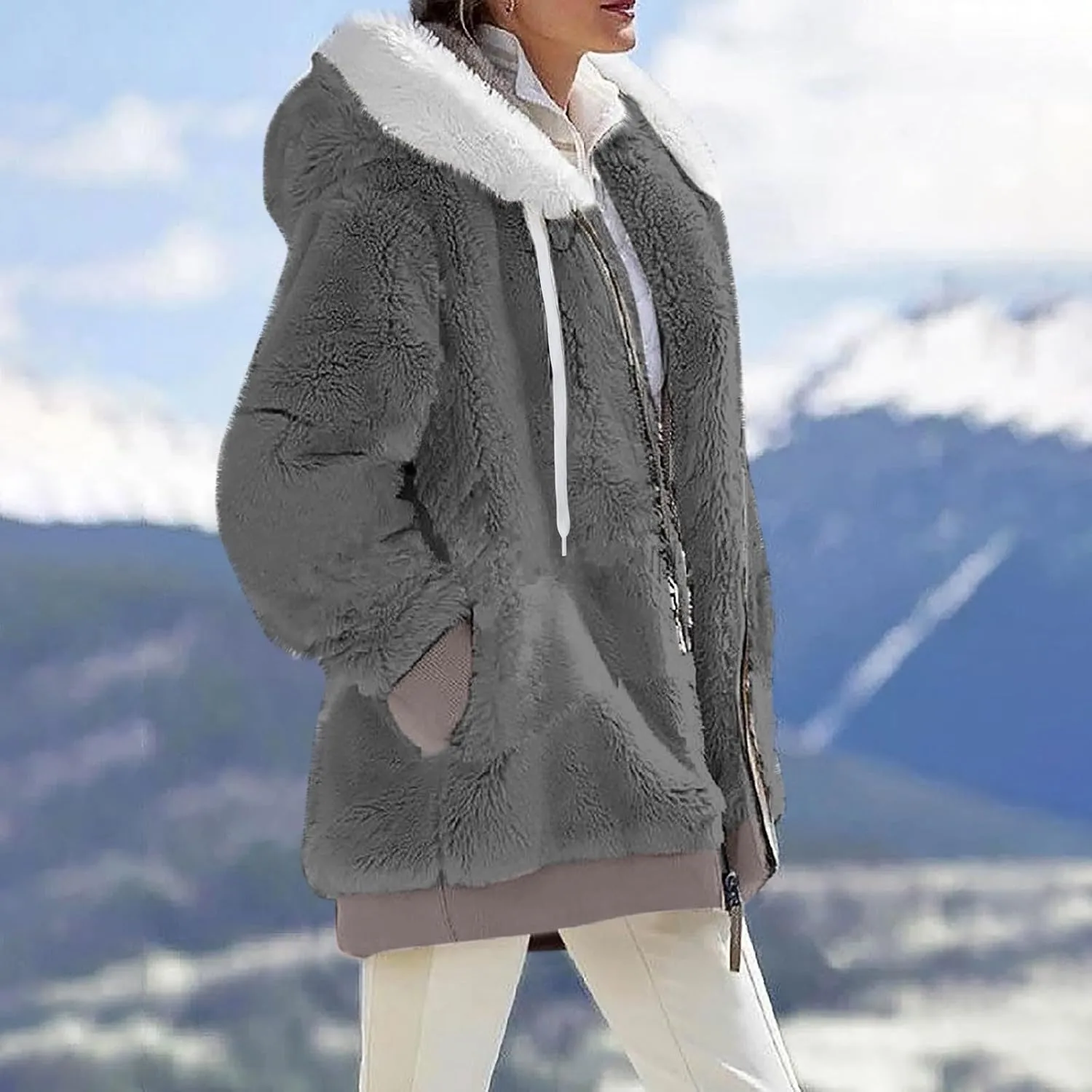 Fleece Jacket Women Plus Size Fuzzy Zip Up Sherpa Jacket Oversized Hooded Winter Coat Outerwear with Pockets