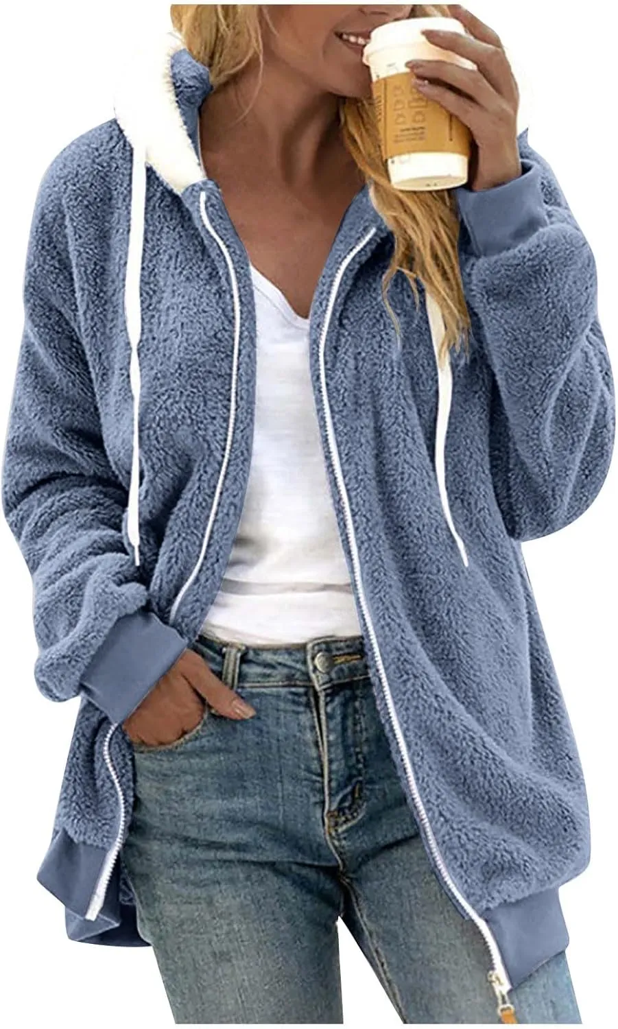Fleece Jacket Women Plus Size Fuzzy Zip Up Sherpa Jacket Oversized Hooded Winter Coat Outerwear with Pockets