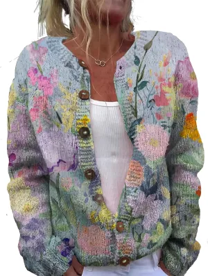 Floral Button Up Sweater Cardigan for Women Trendy Oversized Long Sleeve Casual Sweaters Plus Size Tops Outfits