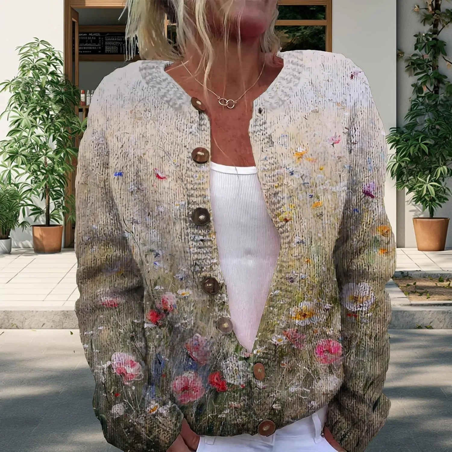 Floral Button Up Sweater Cardigan for Women Trendy Oversized Long Sleeve Casual Sweaters Plus Size Tops Outfits