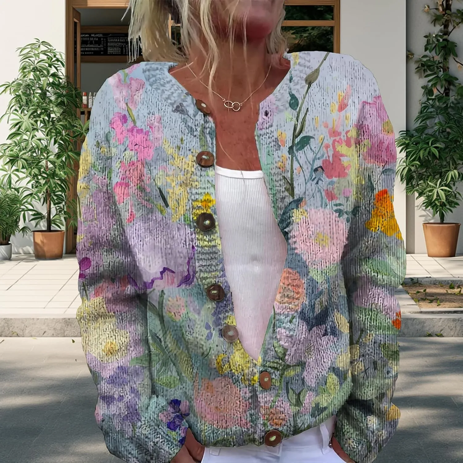 Floral Button Up Sweater Cardigan for Women Trendy Oversized Long Sleeve Casual Sweaters Plus Size Tops Outfits