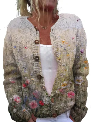 Floral Button Up Sweater Cardigan for Women Trendy Oversized Long Sleeve Casual Sweaters Plus Size Tops Outfits