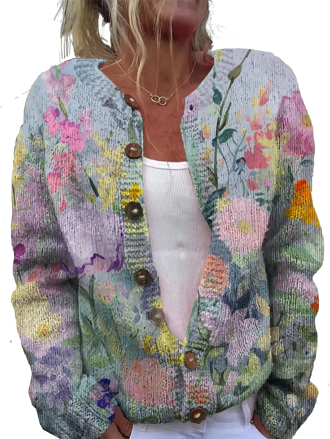 Floral Button Up Sweater Cardigan for Women Trendy Oversized Long Sleeve Casual Sweaters Plus Size Tops Outfits