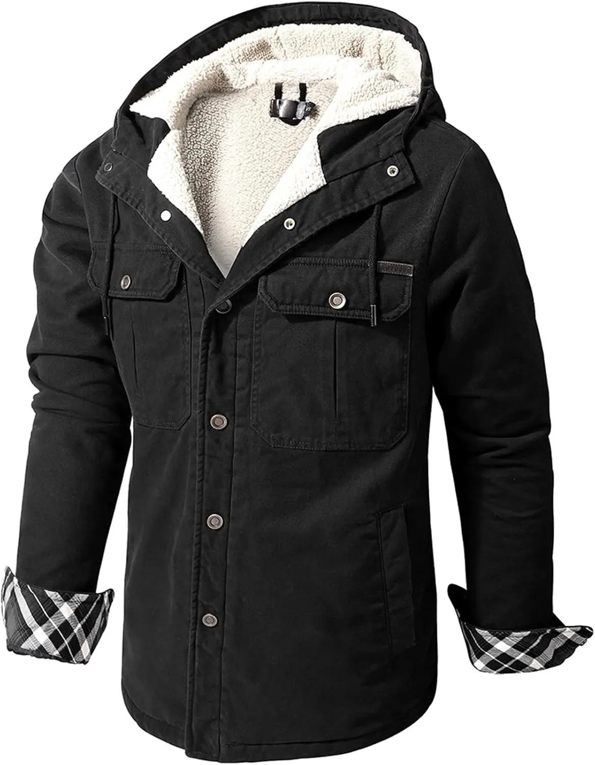 Flygo Men's Warm Relaxed Fit Washed Duck Sherpa-Lined Shirt Jacket Hooded Outdoor Fleece Lined Utility Work Coat