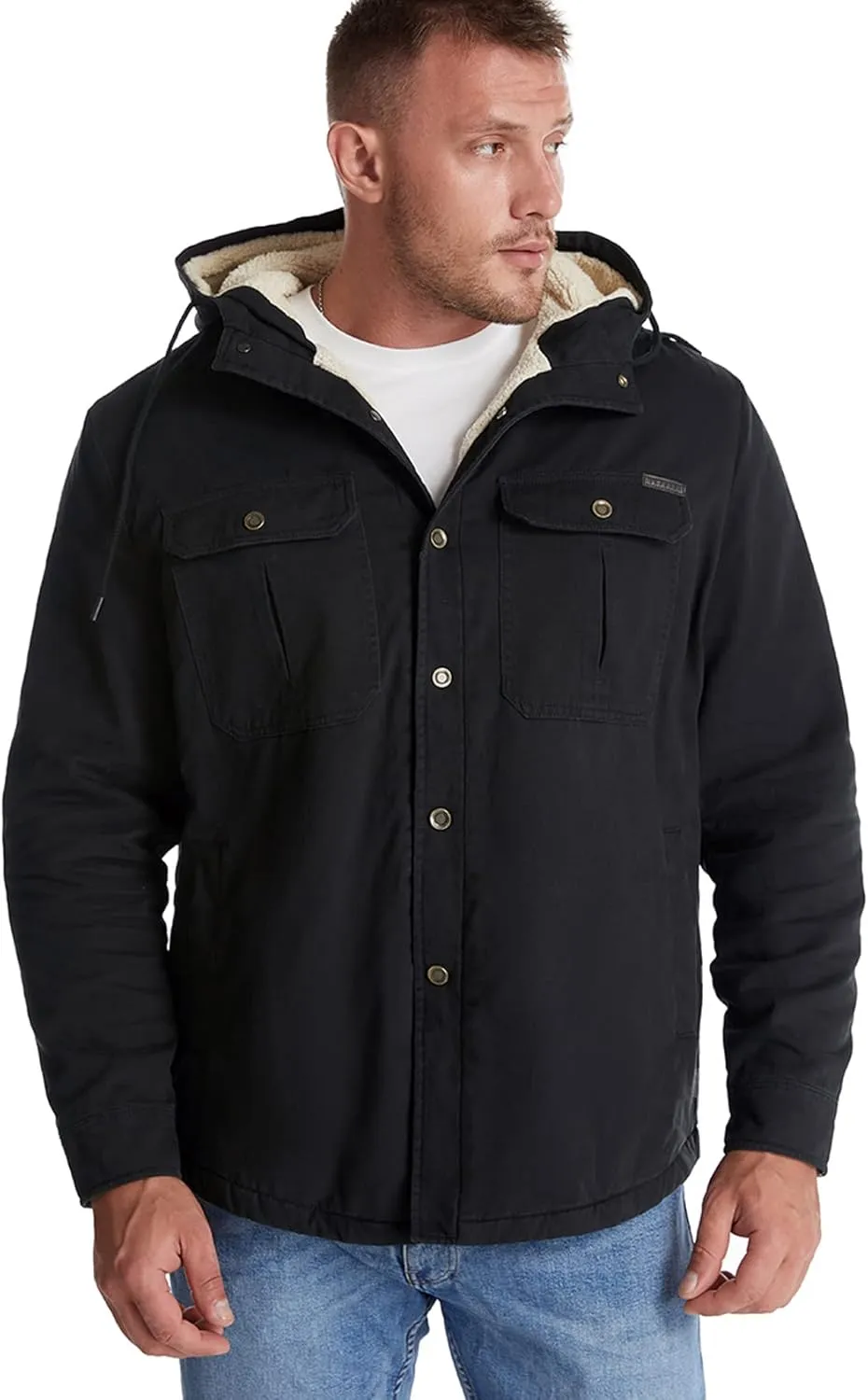 Flygo Men's Warm Relaxed Fit Washed Duck Sherpa-Lined Shirt Jacket Hooded Outdoor Fleece Lined Utility Work Coat