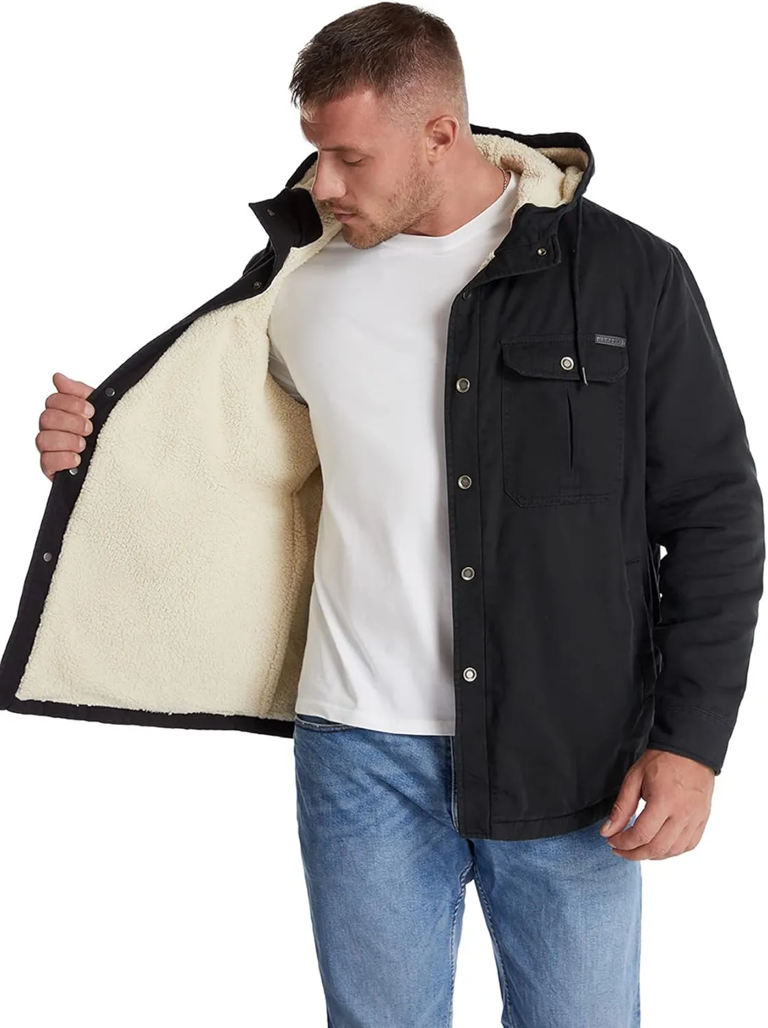 Flygo Men's Warm Relaxed Fit Washed Duck Sherpa-Lined Shirt Jacket Hooded Outdoor Fleece Lined Utility Work Coat