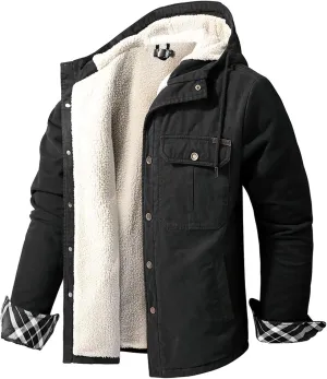 Flygo Men's Warm Relaxed Fit Washed Duck Sherpa-Lined Shirt Jacket Hooded Outdoor Fleece Lined Utility Work Coat