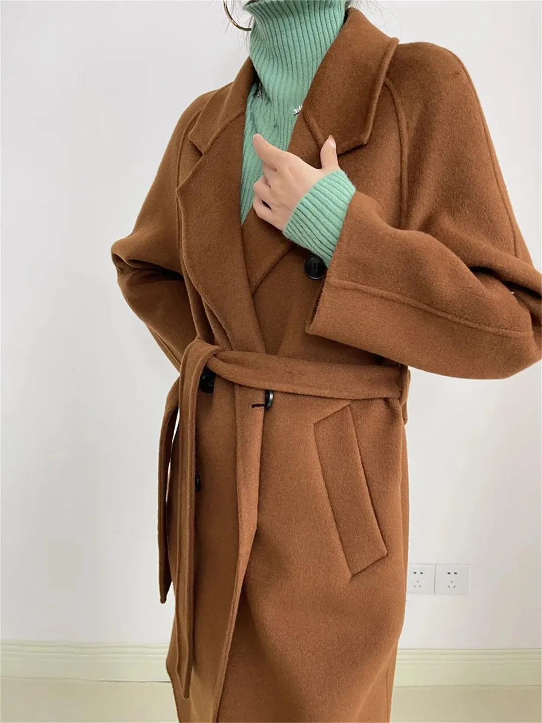 Fnfmrfmr Women Casual Long Double-Sided Woolen Jacket Double Breasted Lace-Up Wool Blend Coats