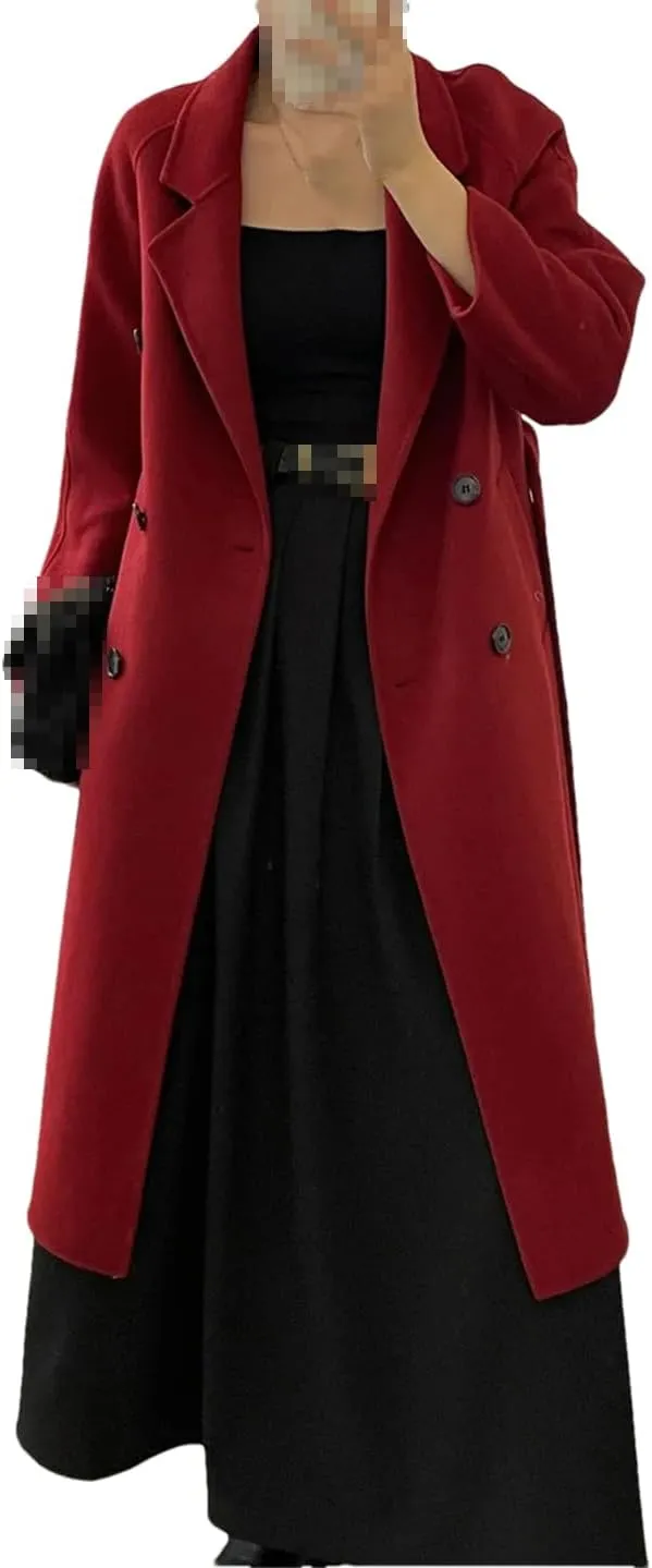 Fnfmrfmr Women Casual Long Double-Sided Woolen Jacket Double Breasted Lace-Up Wool Blend Coats