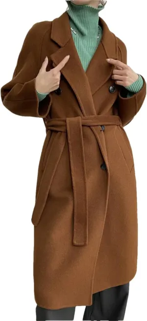 Fnfmrfmr Women Casual Long Double-Sided Woolen Jacket Double Breasted Lace-Up Wool Blend Coats