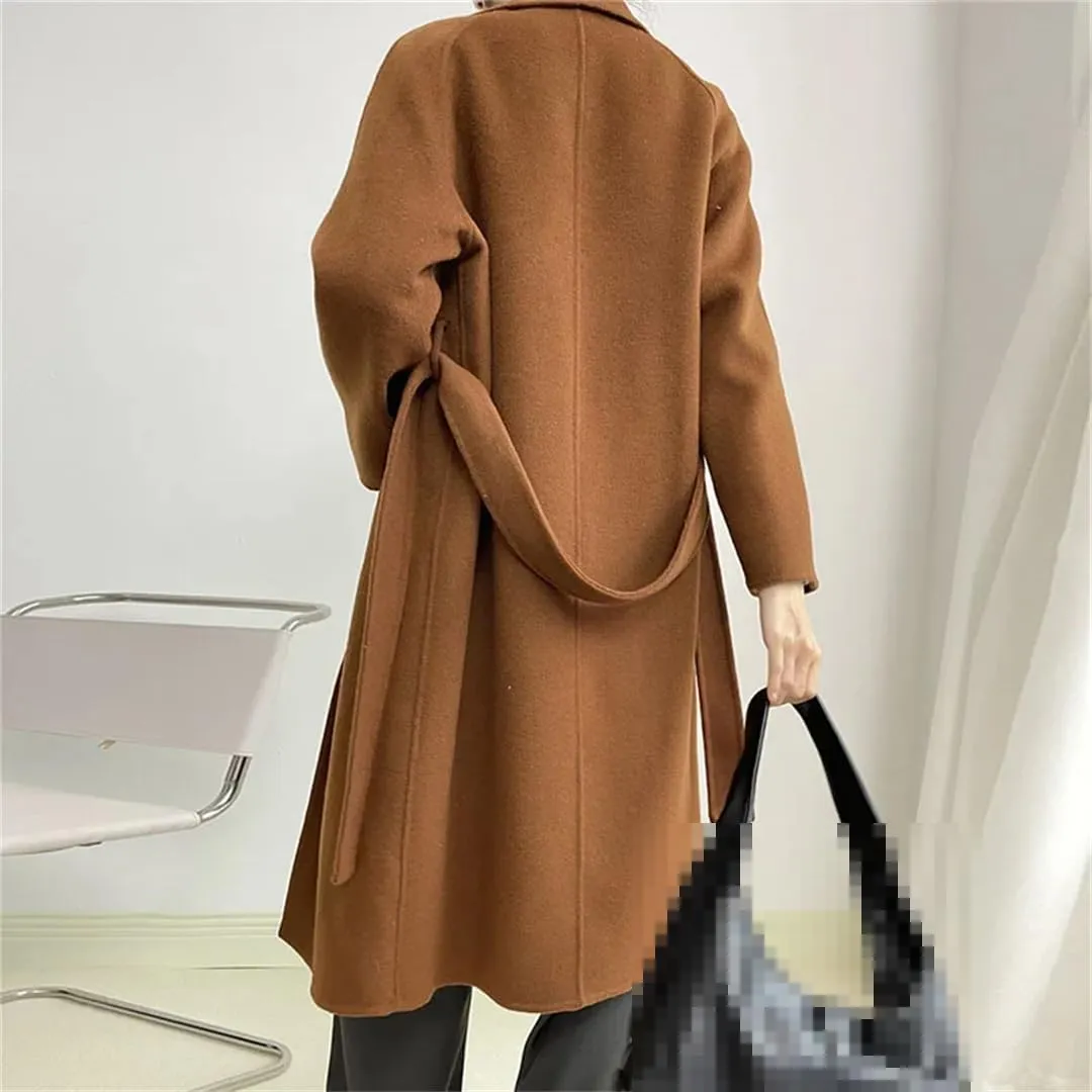 Fnfmrfmr Women Casual Long Double-Sided Woolen Jacket Double Breasted Lace-Up Wool Blend Coats