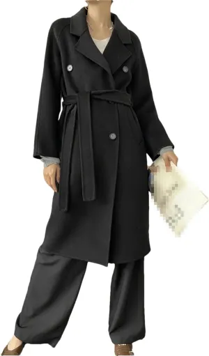 Fnfmrfmr Women Casual Long Double-Sided Woolen Jacket Double Breasted Lace-Up Wool Blend Coats