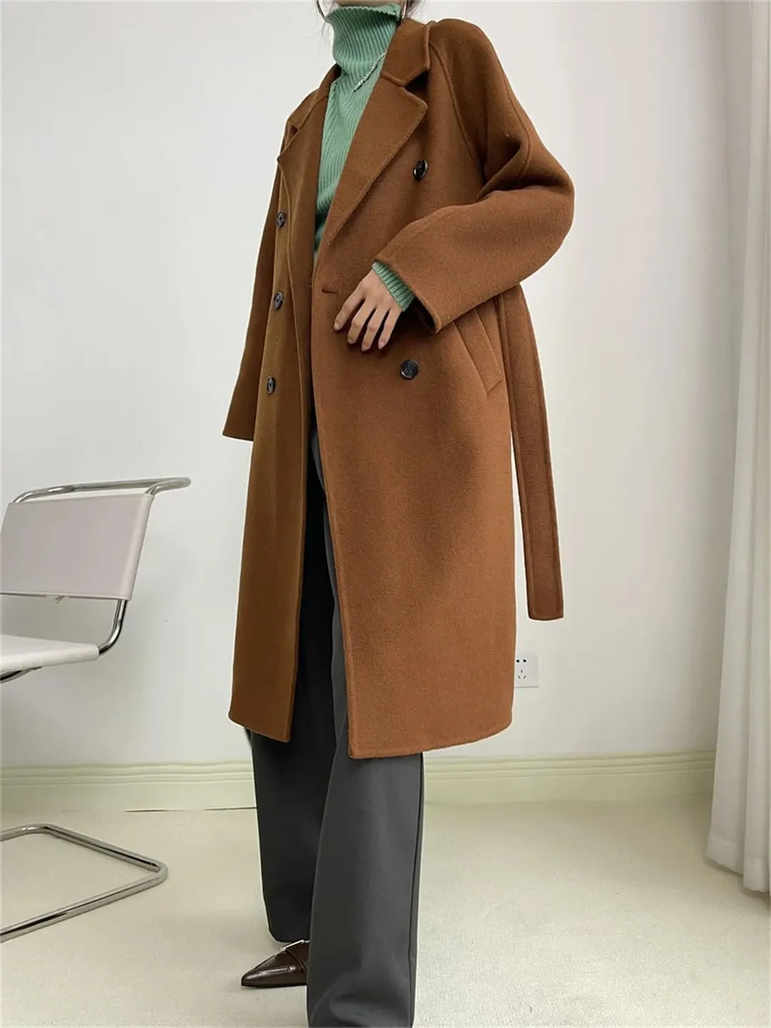 Fnfmrfmr Women Casual Long Double-Sided Woolen Jacket Double Breasted Lace-Up Wool Blend Coats