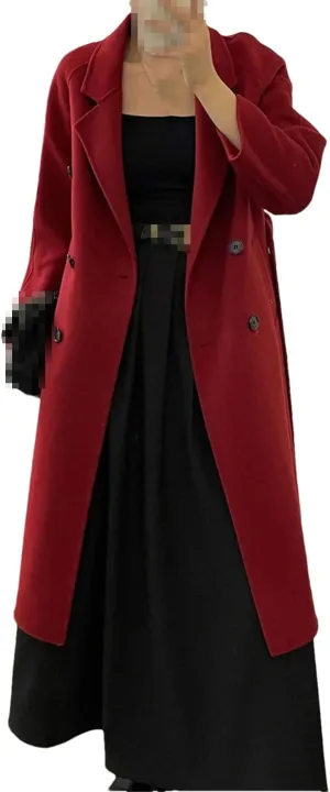 Fnfmrfmr Women Casual Long Double-Sided Woolen Jacket Double Breasted Lace-Up Wool Blend Coats