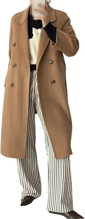 Fnfmrfmr Women Casual Long Double-Sided Woolen Jacket Double Breasted Lace-Up Wool Blend Coats