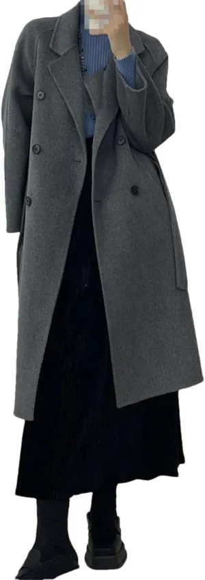 Fnfmrfmr Women Casual Long Double-Sided Woolen Jacket Double Breasted Lace-Up Wool Blend Coats