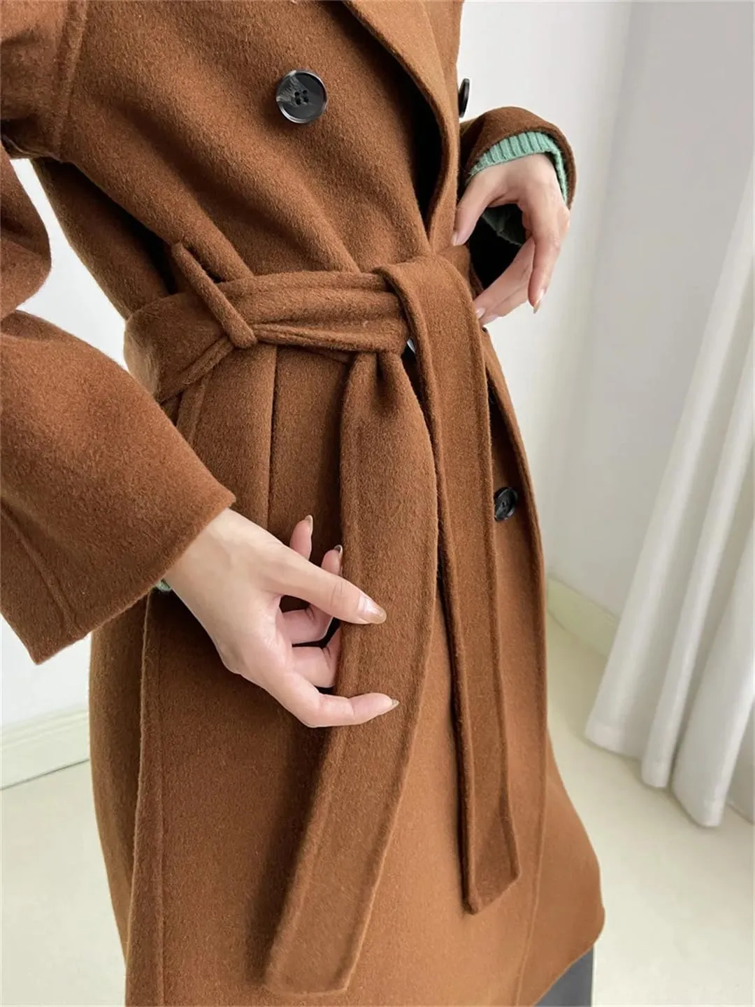 Fnfmrfmr Women Casual Long Double-Sided Woolen Jacket Double Breasted Lace-Up Wool Blend Coats